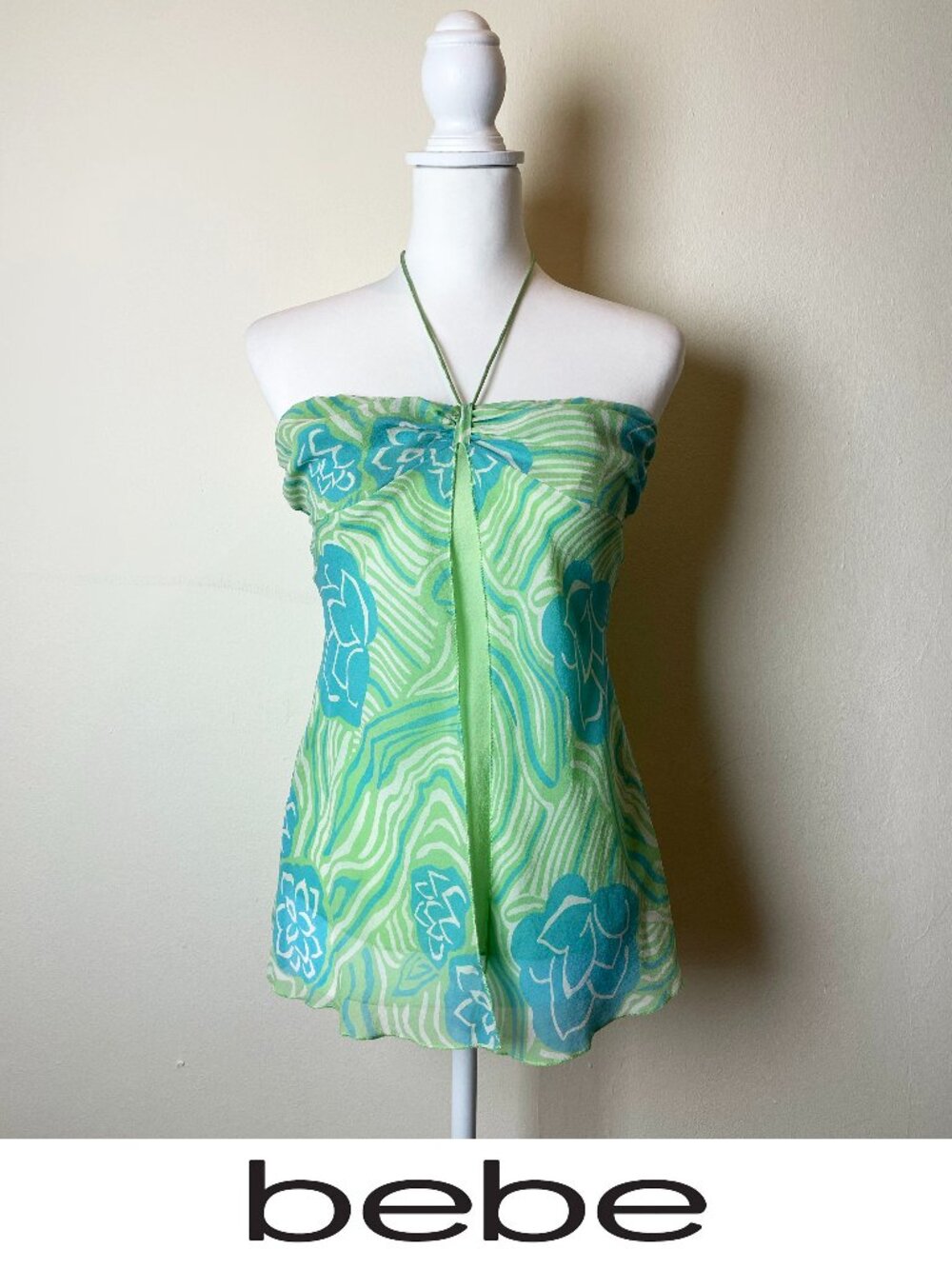 Vintage Bebe 100% Silk Halter Top Green Wave Floral Y2K Cami Small EUC